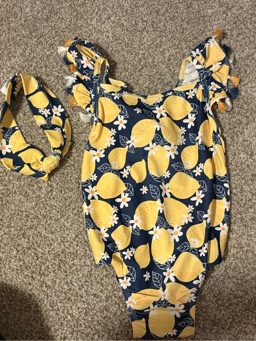 Mud Pie Navy & Yellow Lemon Print Girls Swimsuit with Tassel Headband